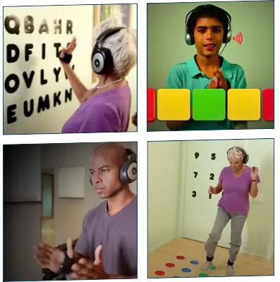 photo collage of elderly lady, athlete and boy all wearing headphones using interactive metronome in various ways